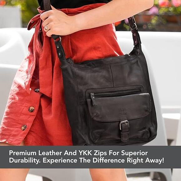 Genuine Leather Ladies Handbag Vintage Design Long Straps Shoulder Bag Black - Picture 3 of 7